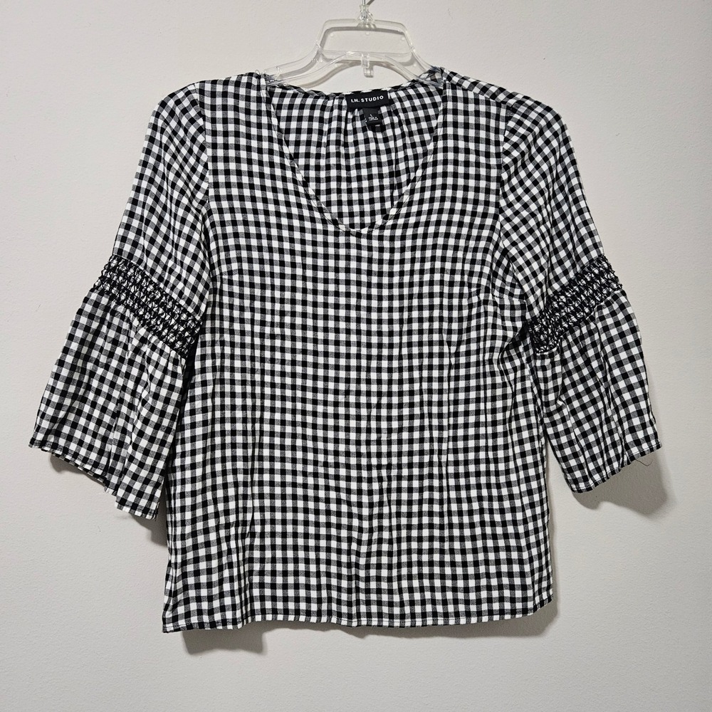 I.N. Studio Womens Gingham V-Neck Blouse Black White‎ Smocked Bell Sleeve Large